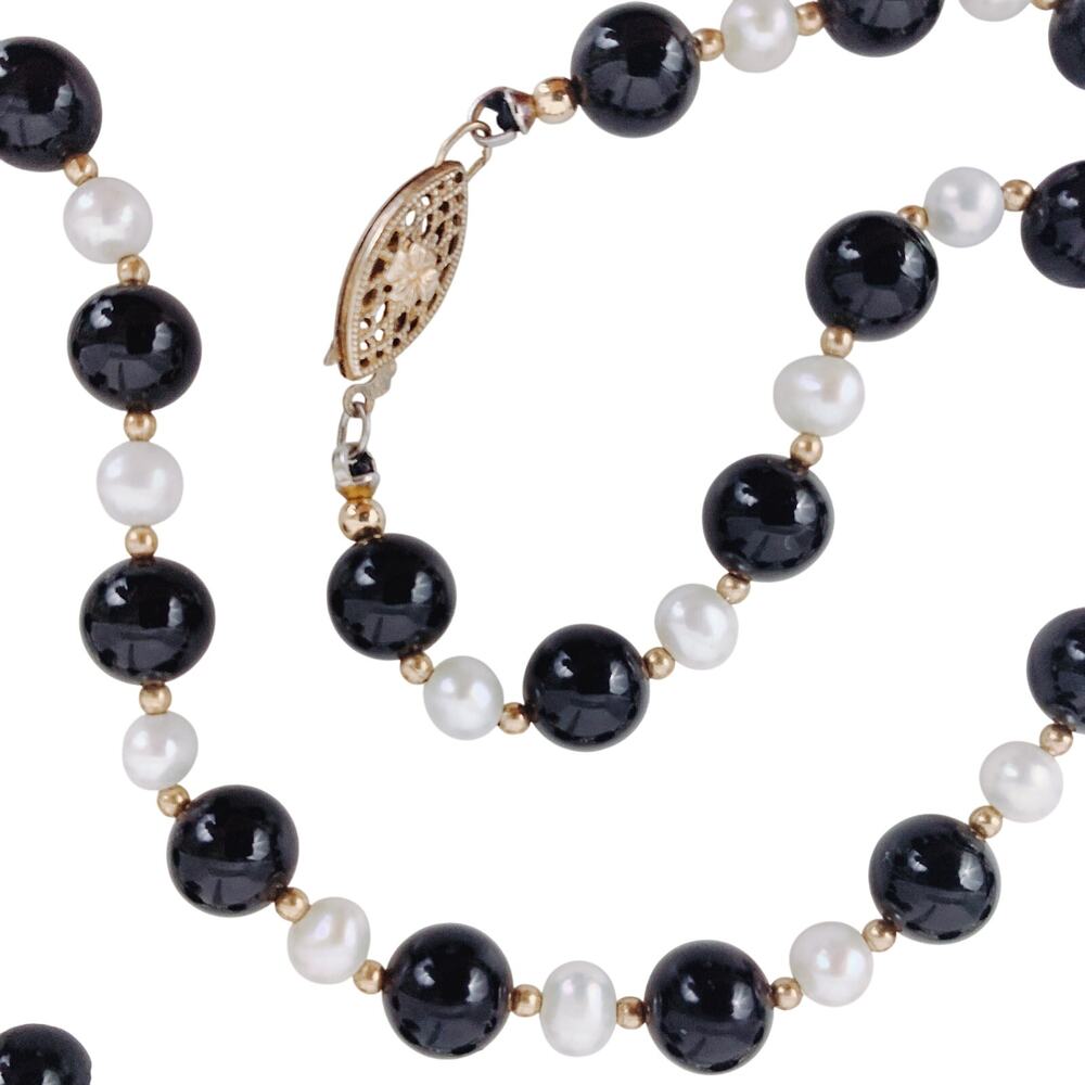 VTG Genuine Pearl & Black Glass 1950s Necklace w/ 14K Gold Filigree Clasp